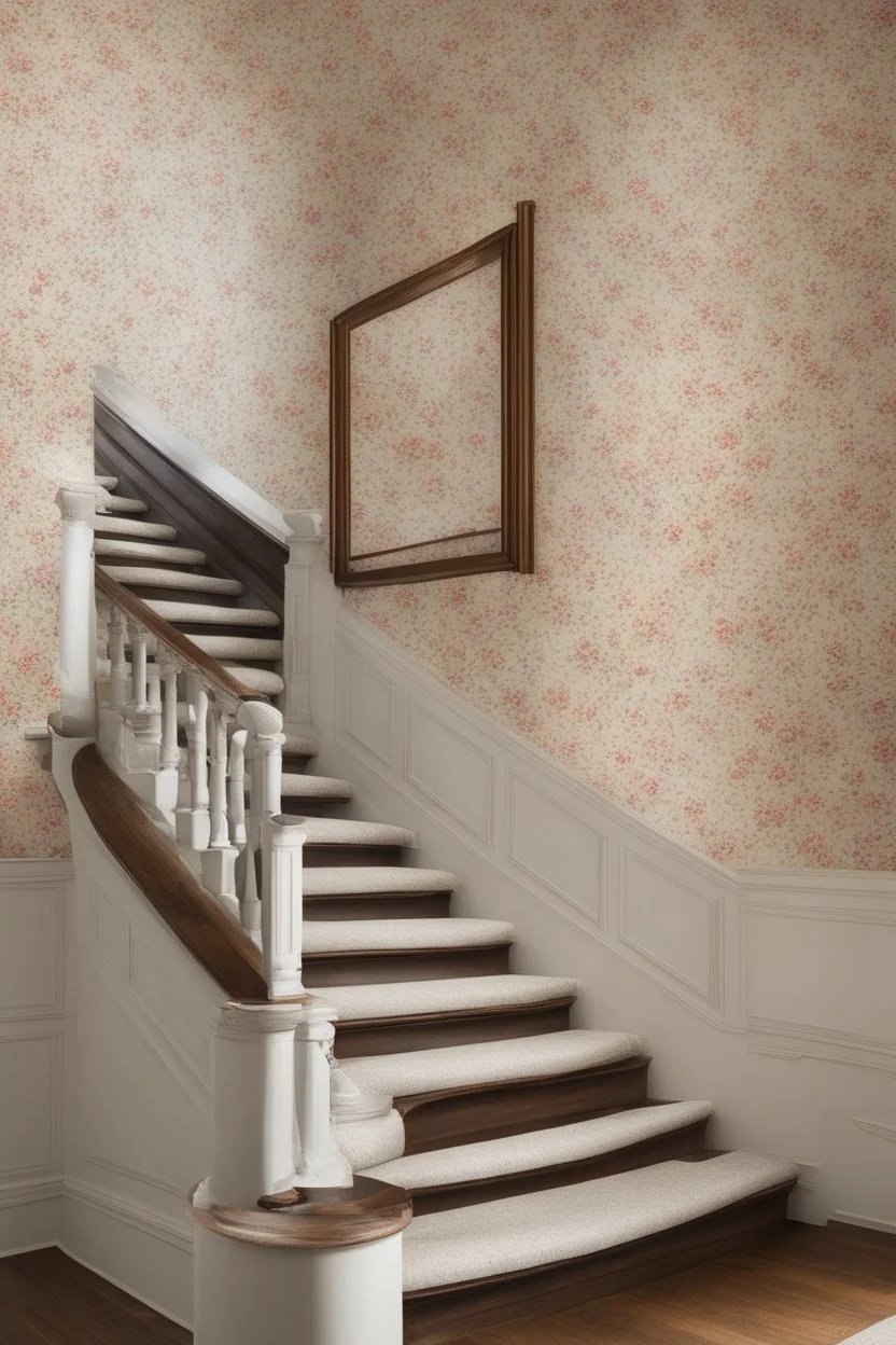 Mansion staircase with flowered wallpaper