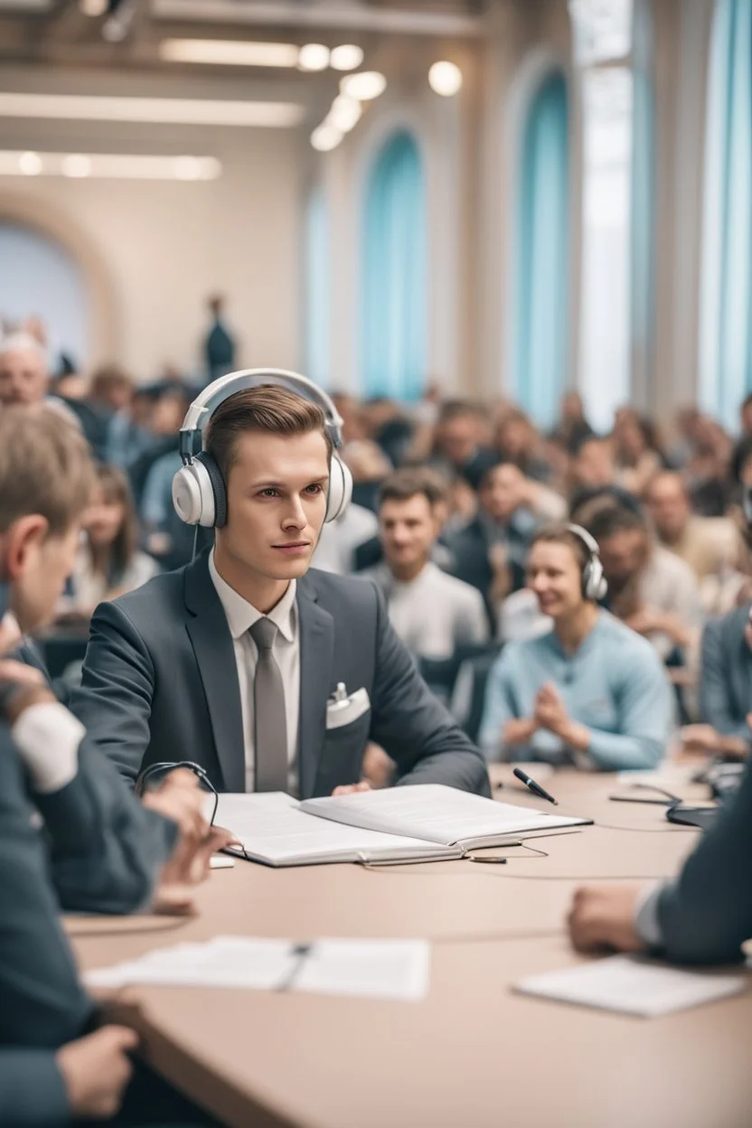 A simultaneous translator of Slavic appearance sits at a table with headphones on at a briefing and translates, in a large hall, there are a lot of people around, the background is blurred, everything is in pastel light colors