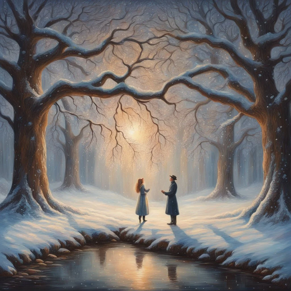 acrylic painting of a young couple kissing centered under an impressive, frosted remarkable old oak tree, while glowing hearts rain down on them from the oak tree. In a beautiful winter landscape by a stream, very detailed, in the style of atmospheric tonalism. Elegant, intricate, 4k, mood lighting, a gravelled forest path leads through the countryside surrounded by snow-dusted ferns, mosses and tendrils. oil on panel, contemporary impressionism