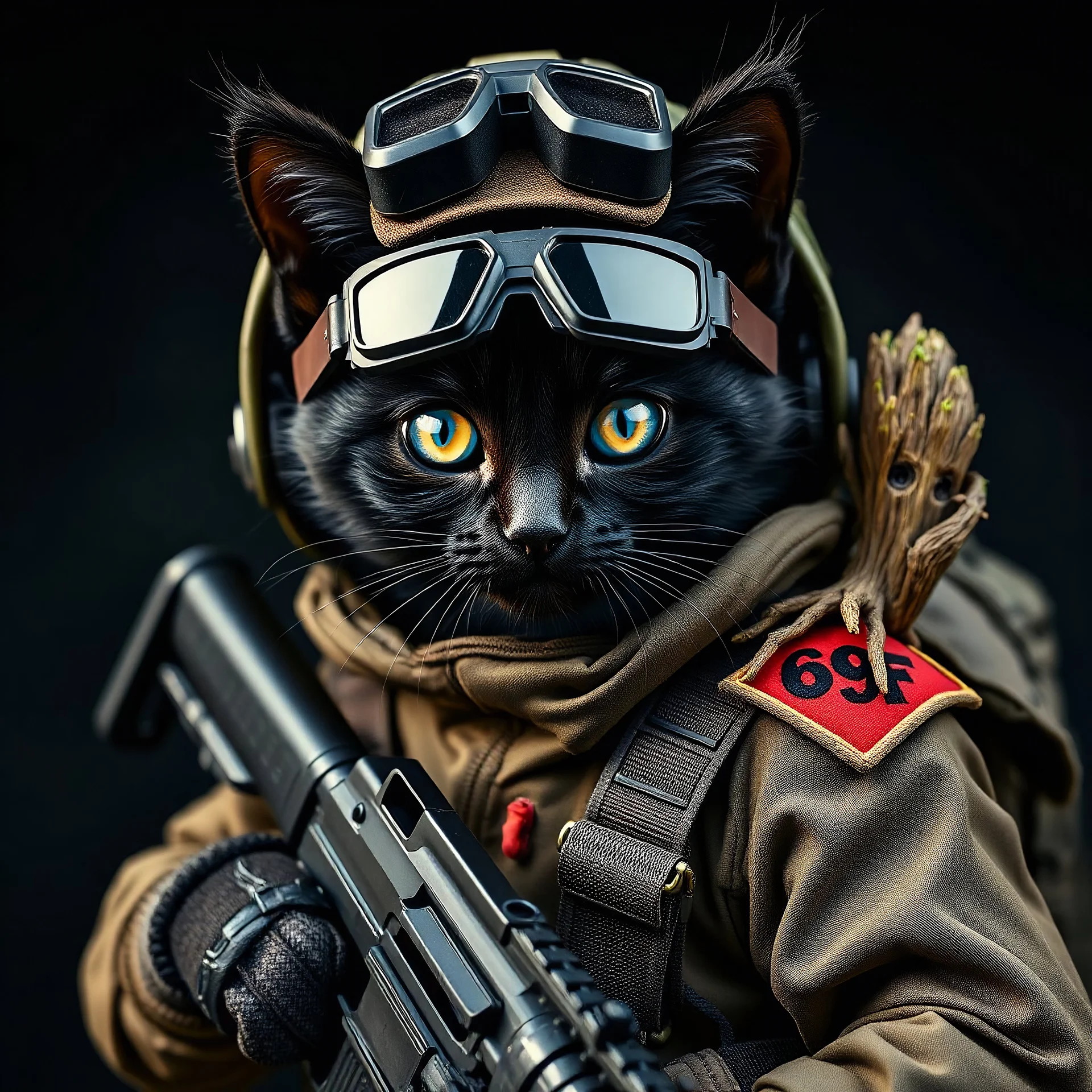 Nice lifelike picture of an intricately detailed black kitten, adorned in intricately crafted, paratrooper outfit, with helmet, night vision goggles and a pair of gloves, its fur peeking through the suit's gaps, with its bright, inquisitive dark golden eyes shining like polished blue onyx looking defiantly towards the camera, while it grasps a riffle, a large red patch "69AF" written on it visible in its shoulder, and a baby groot sittin on its shoulder