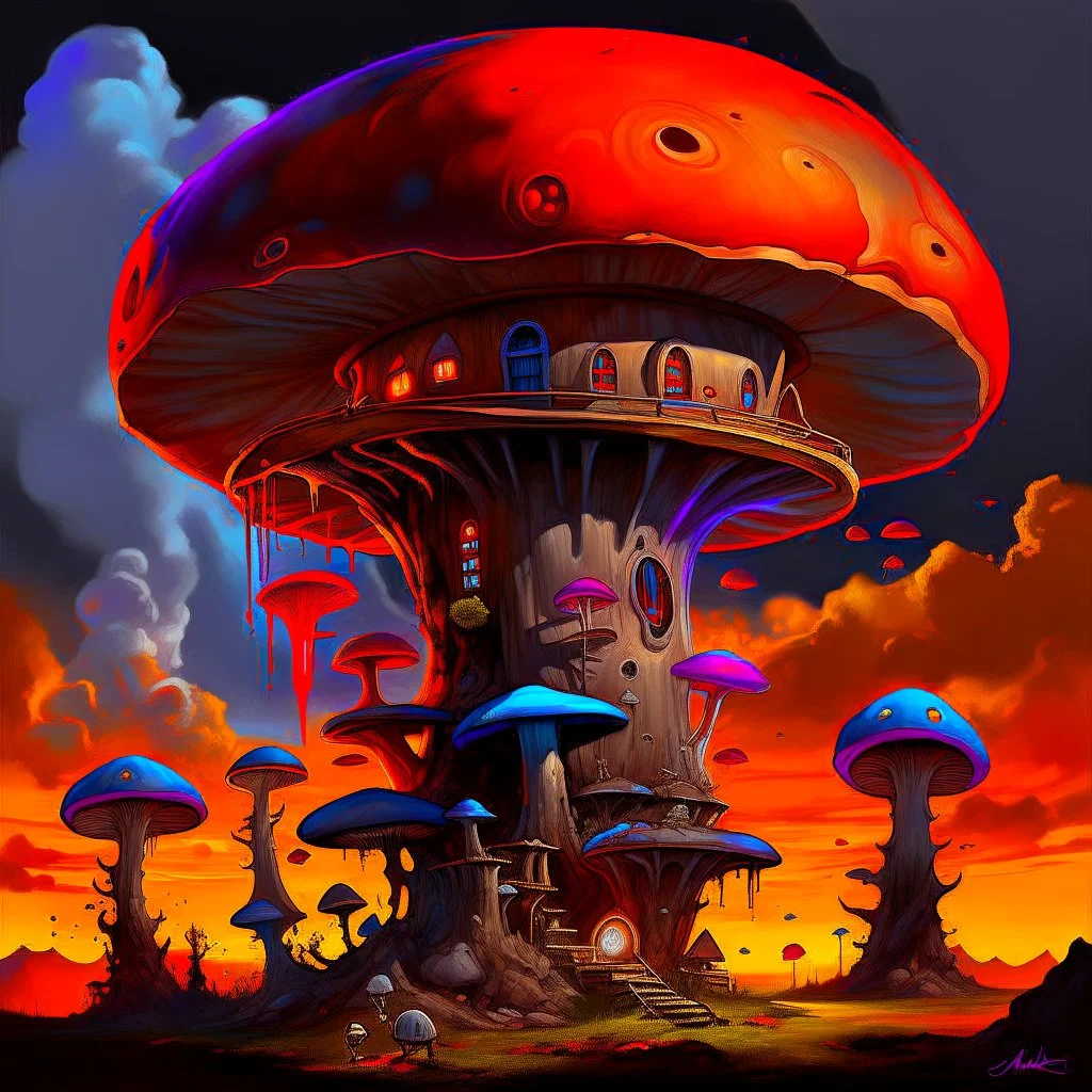 A fantabulous black, orange, and blue (((mushroom tower house))) erected atop a (geologic pillar), surrounded by the uncanny imaginative ((( swirling skies))), offset by the stark hues of a (neon-tinged nebulous space scape), within. captured by the hand a skilled master painter with a focus on (softly blurred compositions and voluminous lighting).