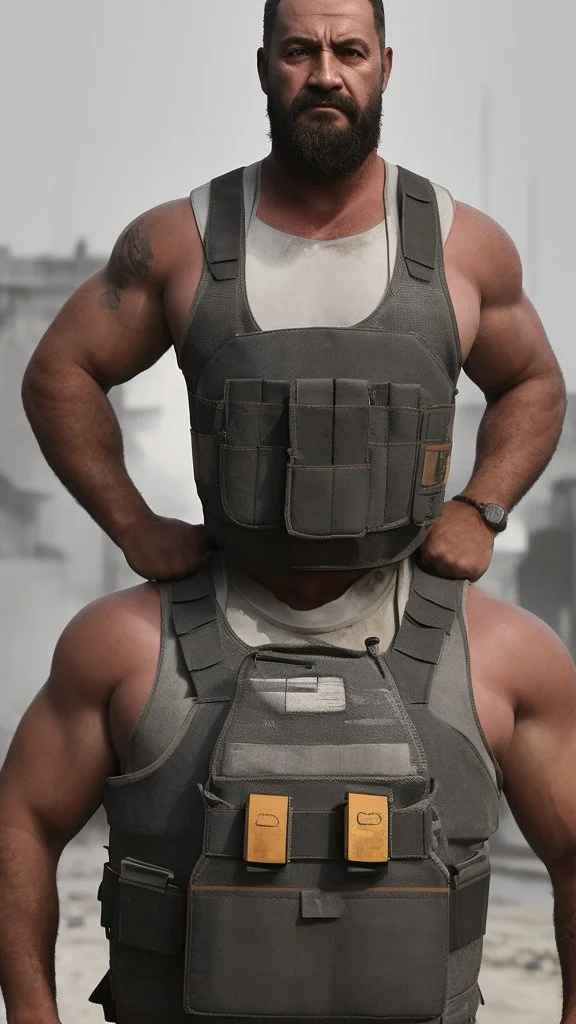 full figure shot photography of two turkish dirty burly construction workers chubby sweat 55 years old in tank top, safety vest, manly chest ,in queue on a sidewalk,, photorealistic, sunlight, summer, ambient occlusion