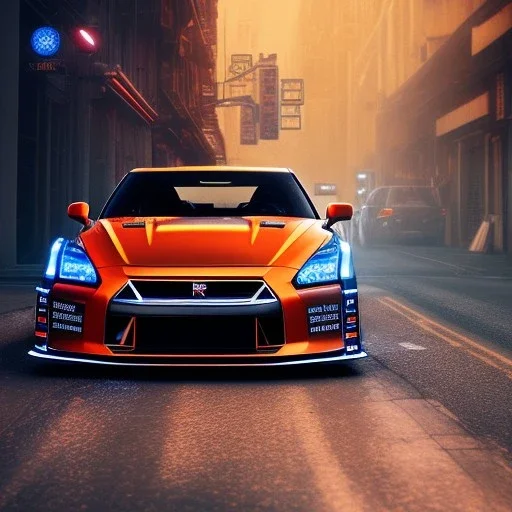 Nissan GT-R, red, orange, yellow, green, blue, purple, masterpiece, expert, 8K, hyperrealism, sharp focus, cinematic lighting, cyberpunk, cityscape