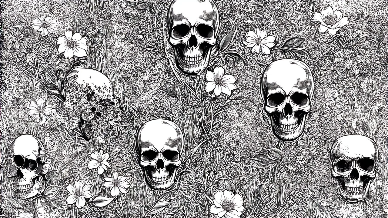 tracery of flowers and skulls, black and white, minimalistic