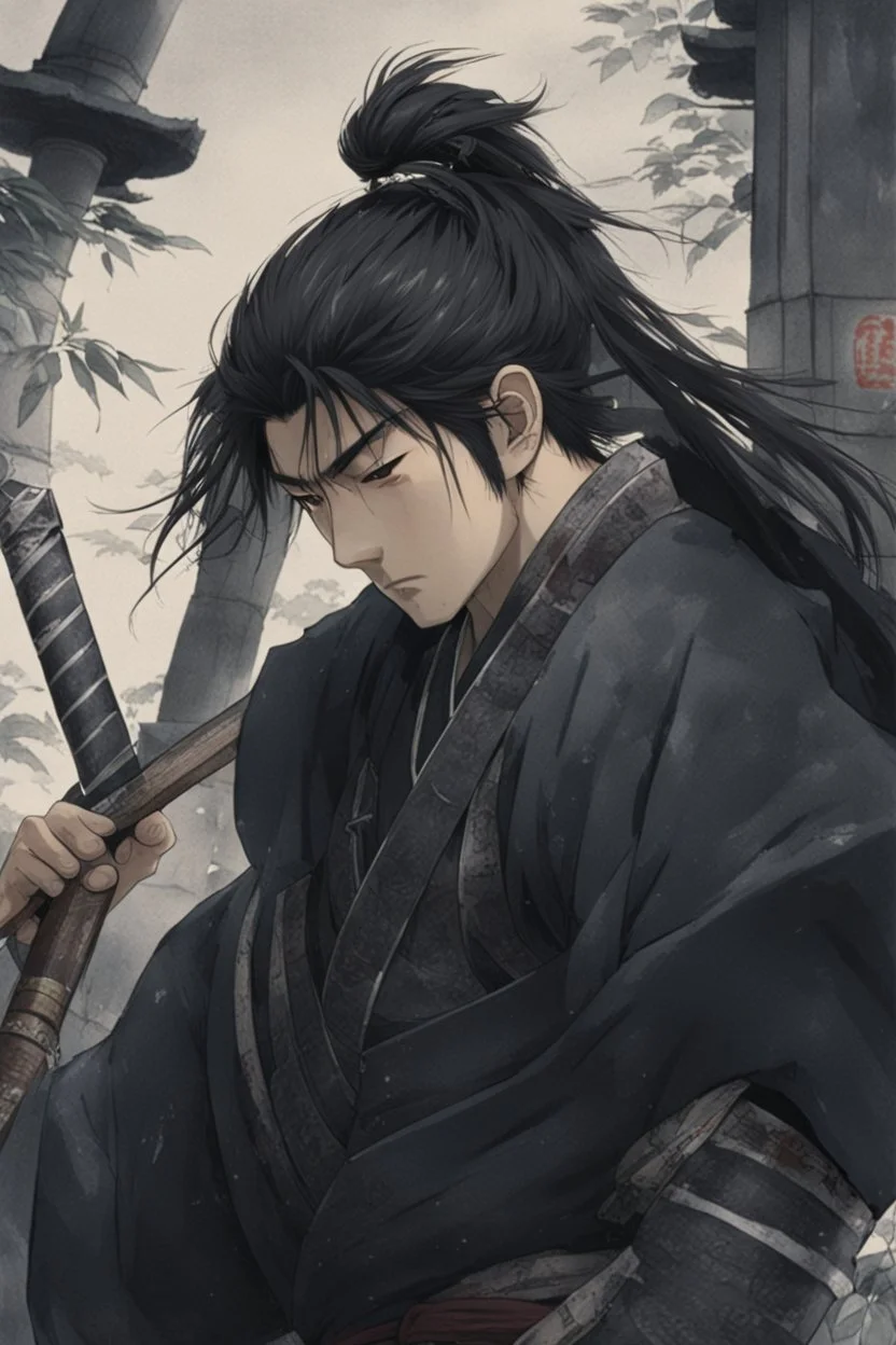 A Young Man who is a Samurai, he has scars, cuts, and marks on his body. His body looks war torn, and he is missing his left arm from his shoulder. He has long black hair and has a stuble for facial hair.