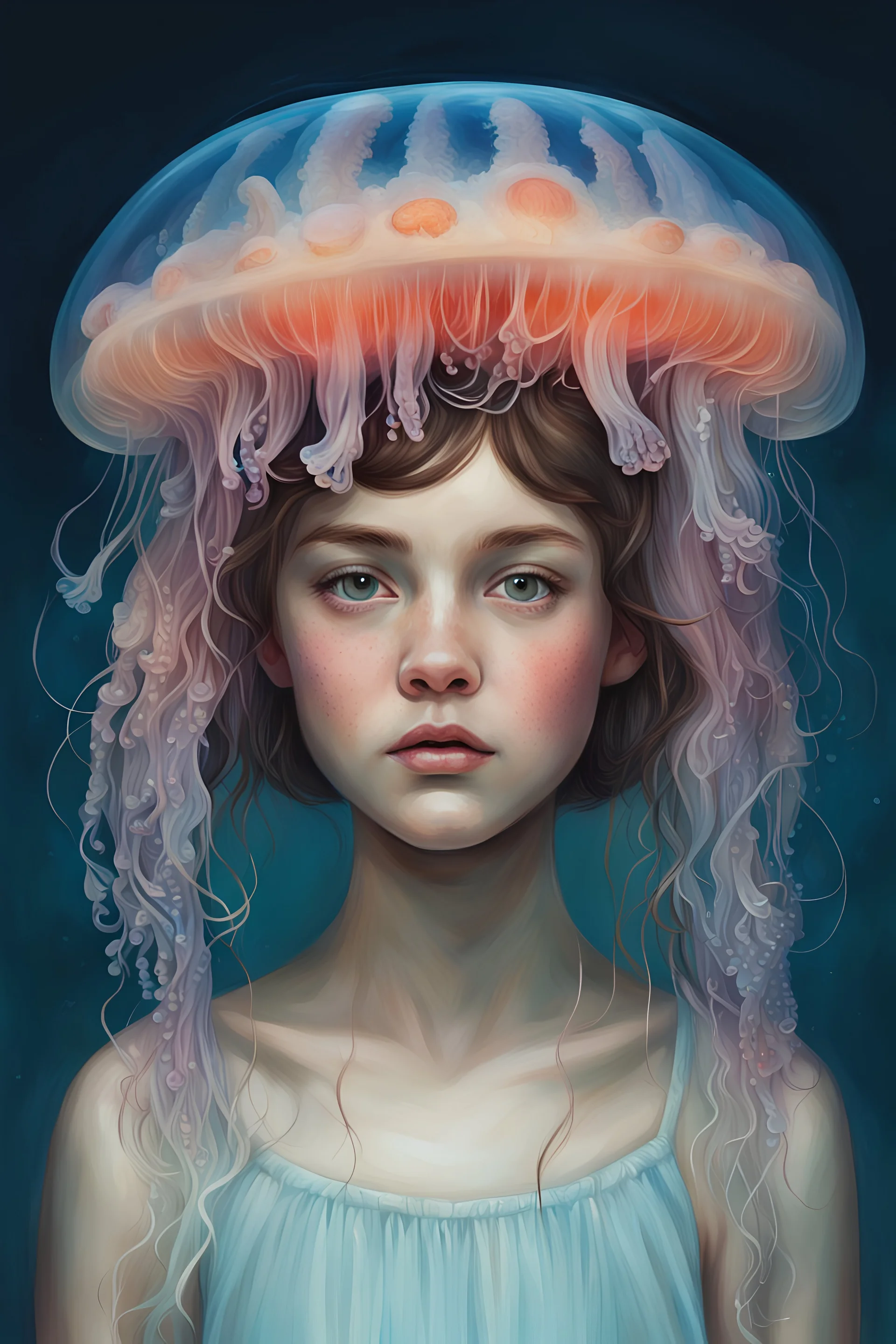 портрет девушки с медузой на голове, по плечи