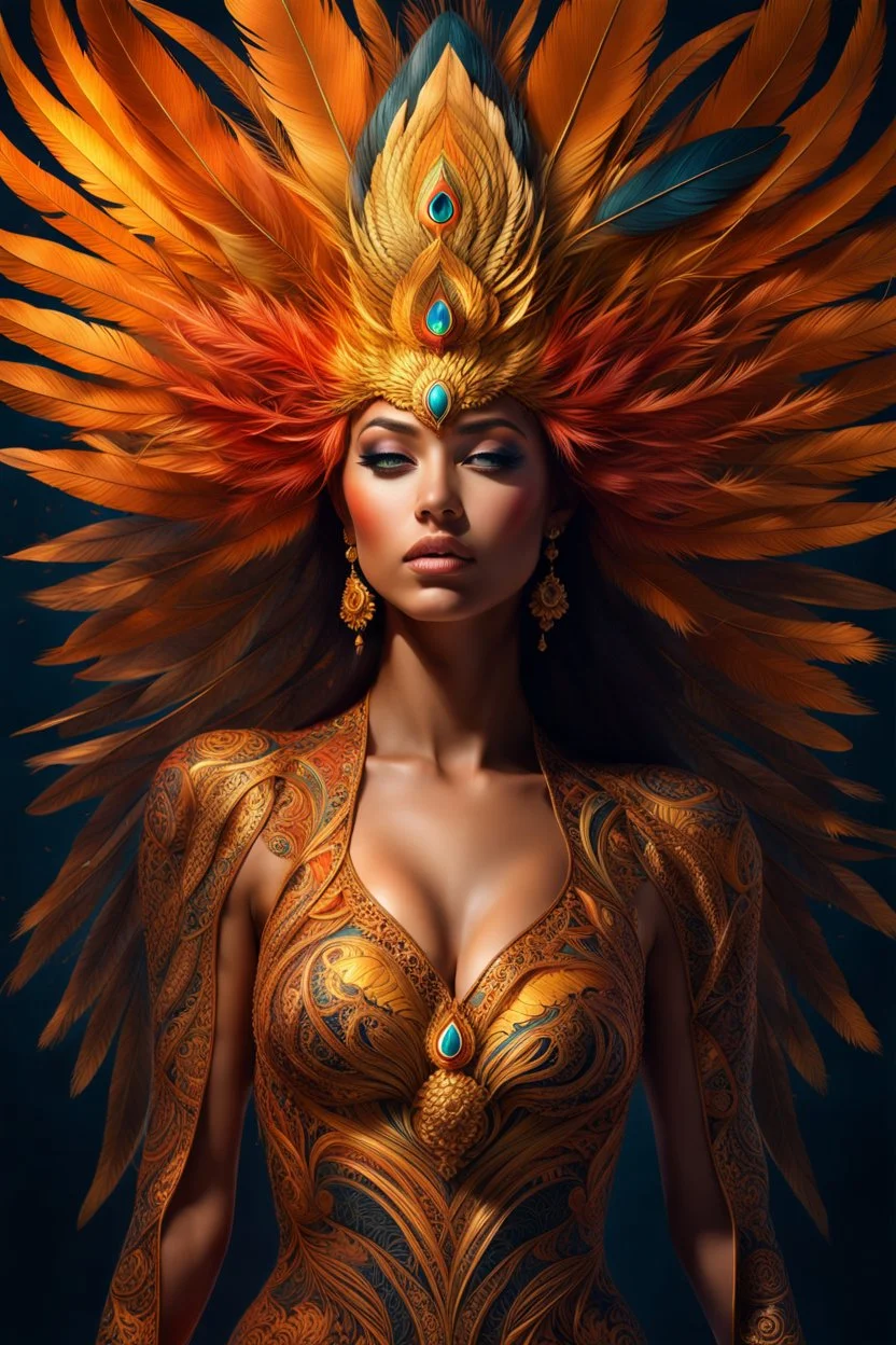 acid lighting, from below, hyperdetailed, hyper realistic, epic action full body portrait Incredible beautiful of Firebird girl with the merger between gold and fire, hypnotic opinion, fractal hair and feathers, detailed face | DamShelma | Bayard Wu, Ognjen Sporin, Yann Dalon, Toni Infante, Amr Elshamy, Viktor Miller-Gausa inquisitive soul | inspiration | gold colors, intricate detailing, surrealism, fractal details, enigmatic flirty smile, view from back, dressed in complex chaotic diamond outf