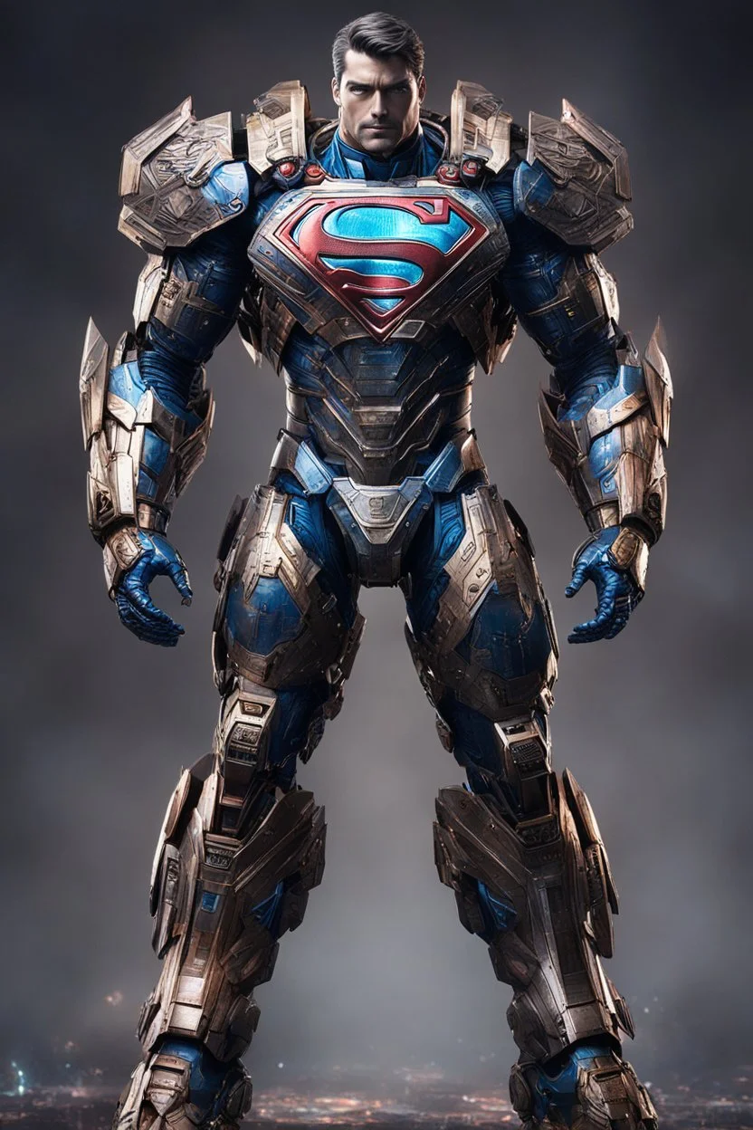 Fullbody photography front view of a Superman mech in transformative style, his metallic skin gleaming with intricate textures and intricate details, captured in an ultra-realistic style that blurs the lines between reality and imagination, cosmic background