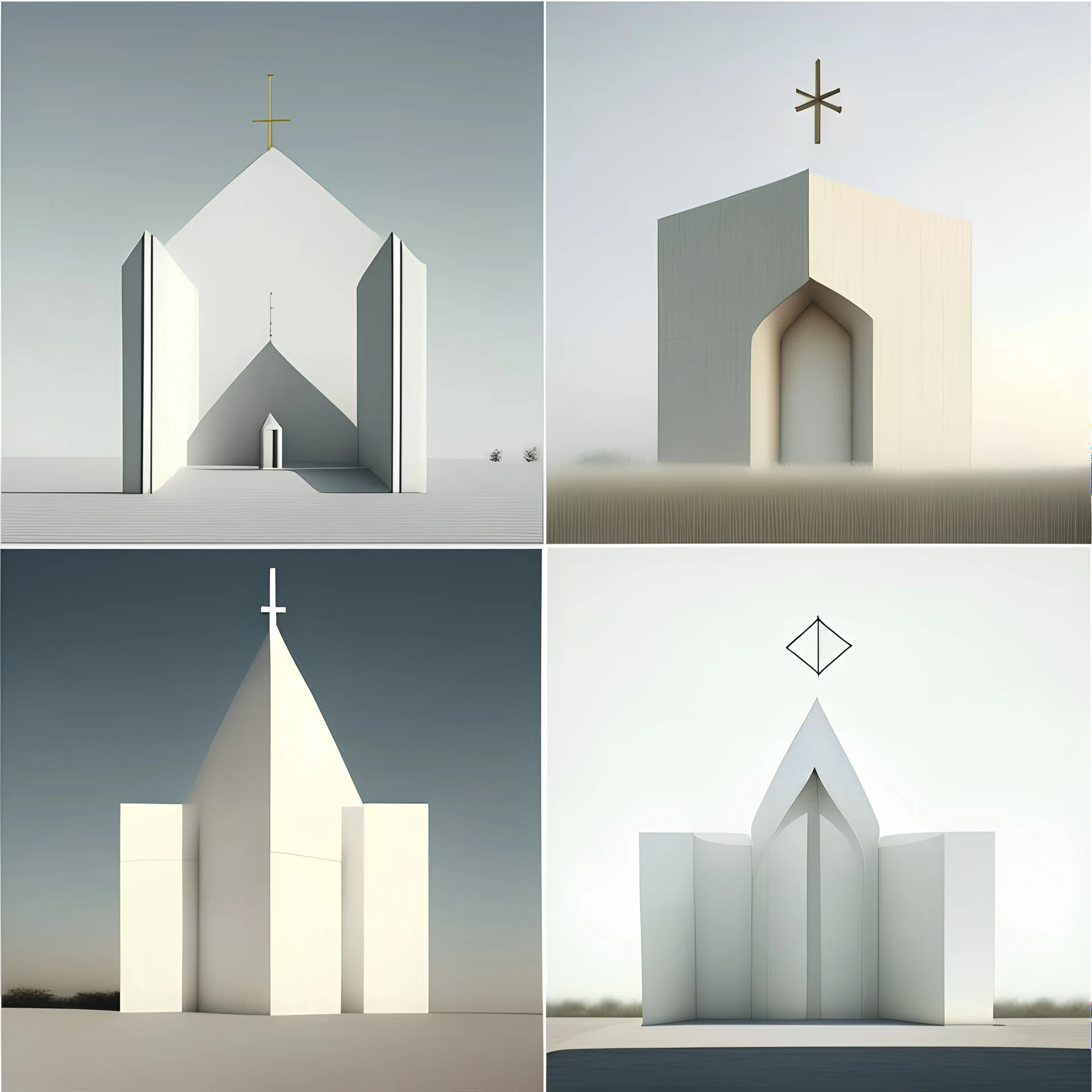 RENDER DE 4 imágenes del mismo templo religioso minimalista