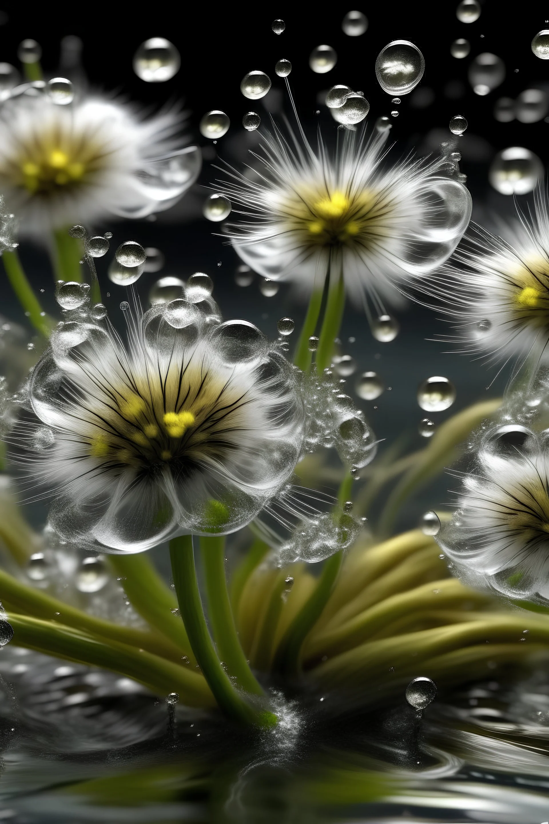 Purity transparency water splashing twisted with many littledandelions inside, photo, 8