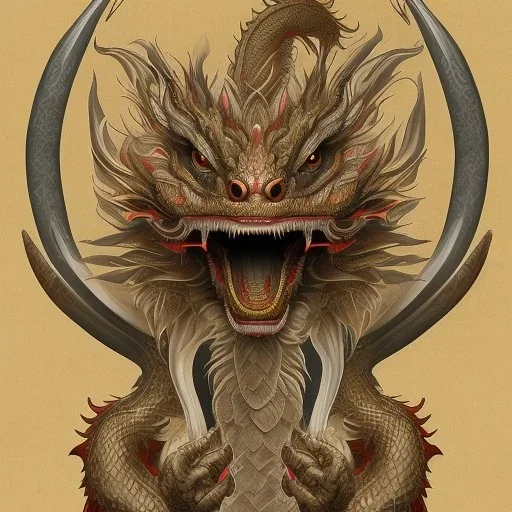 This Chinese Dragon has no horns. Its neck is very short; Its snout is vertically short, thin, long, and beak like. Its teeth are bent outwards. It has curved claws, quills, and spotted scales. Its tail is very long and thin.