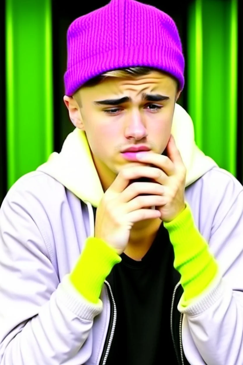 Justin Bieber holding a phone and crying