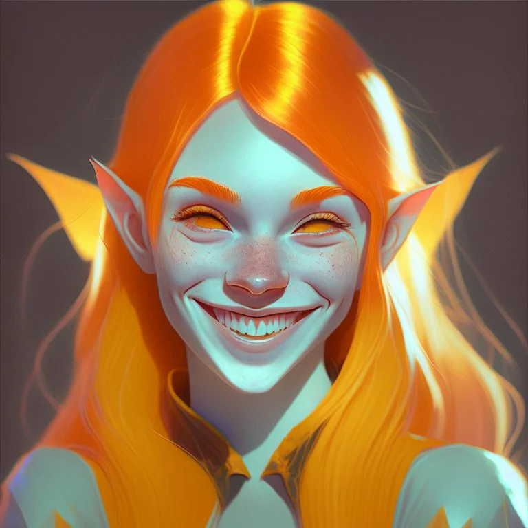 Young Female Pale vampire orange hair smiling pointed ears Holographic style.