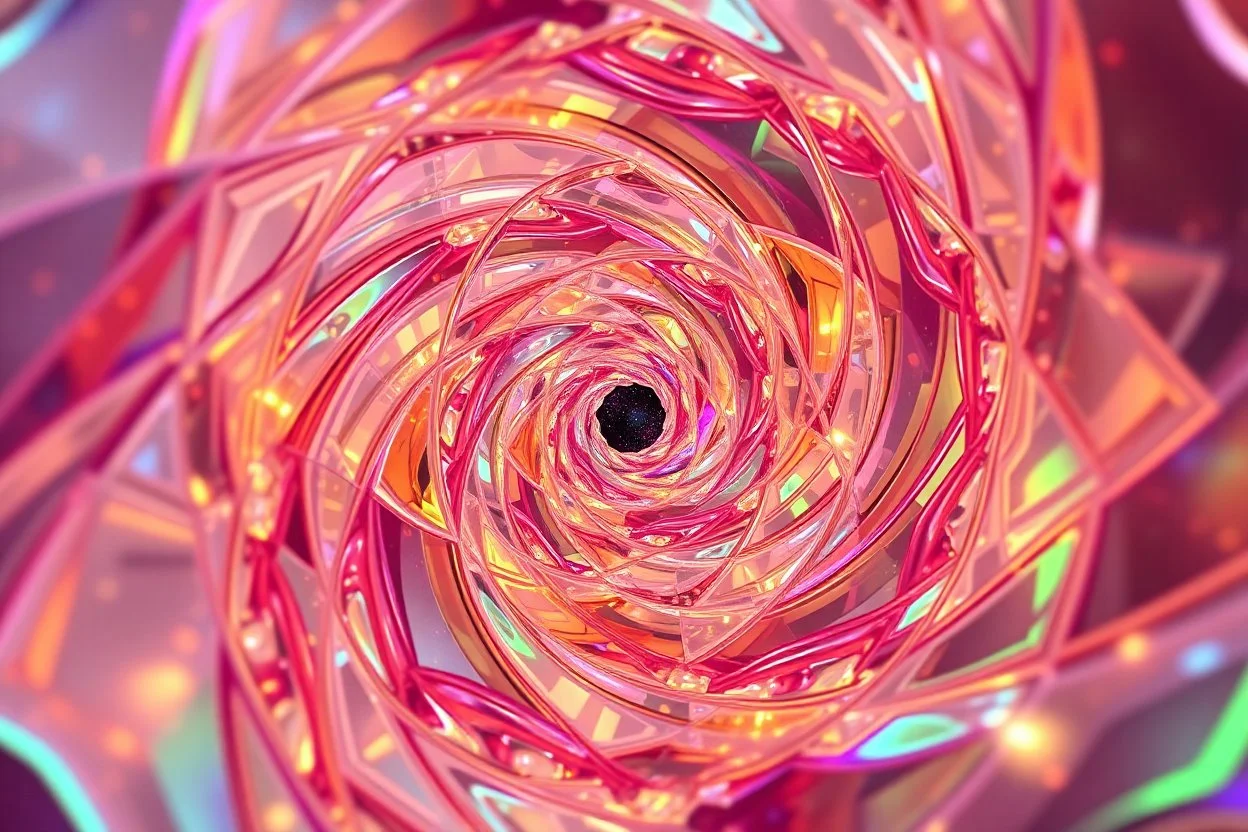 picture of create A hypnotic loop of colored translucent 3D recursive structures evolving and morphing, fluid geometry shifting between organic and geometric forms, iridescent glass material with internal glow,instances must have random translucent matrial smooth camera orbit, galaxy background, seamless motion, cinematic lighting, generative art style, 4k.do with geo nodes zoom out to show whole image