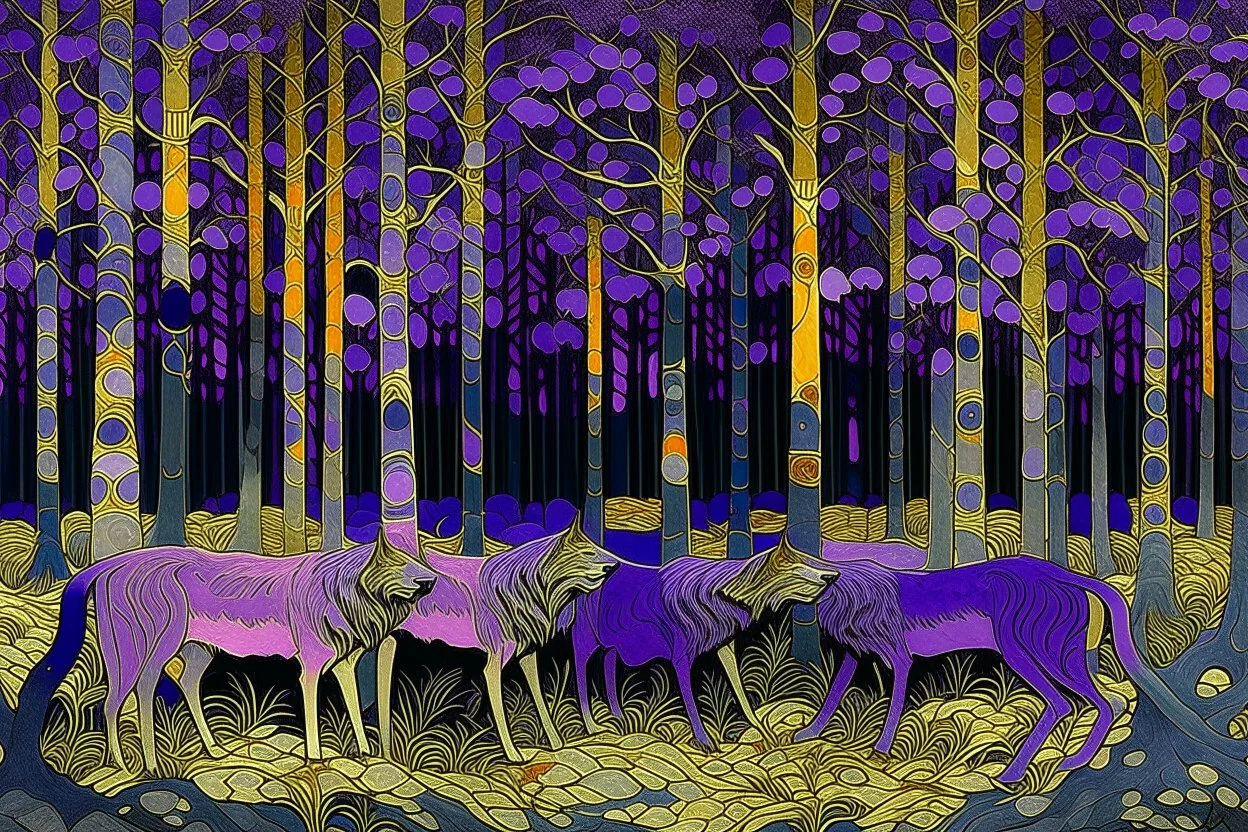 A purple forest with wolves painted by Gustav Klimt
