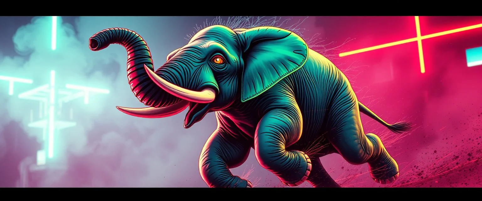 cute pen outline with some neon airbrush, let create a crazy wild elephant doing dangerous stuff - dynamic camera push-in revealing intricate details in motion. Epic cinematic wide-angle camera swoops down, hazy neon background with gritty border