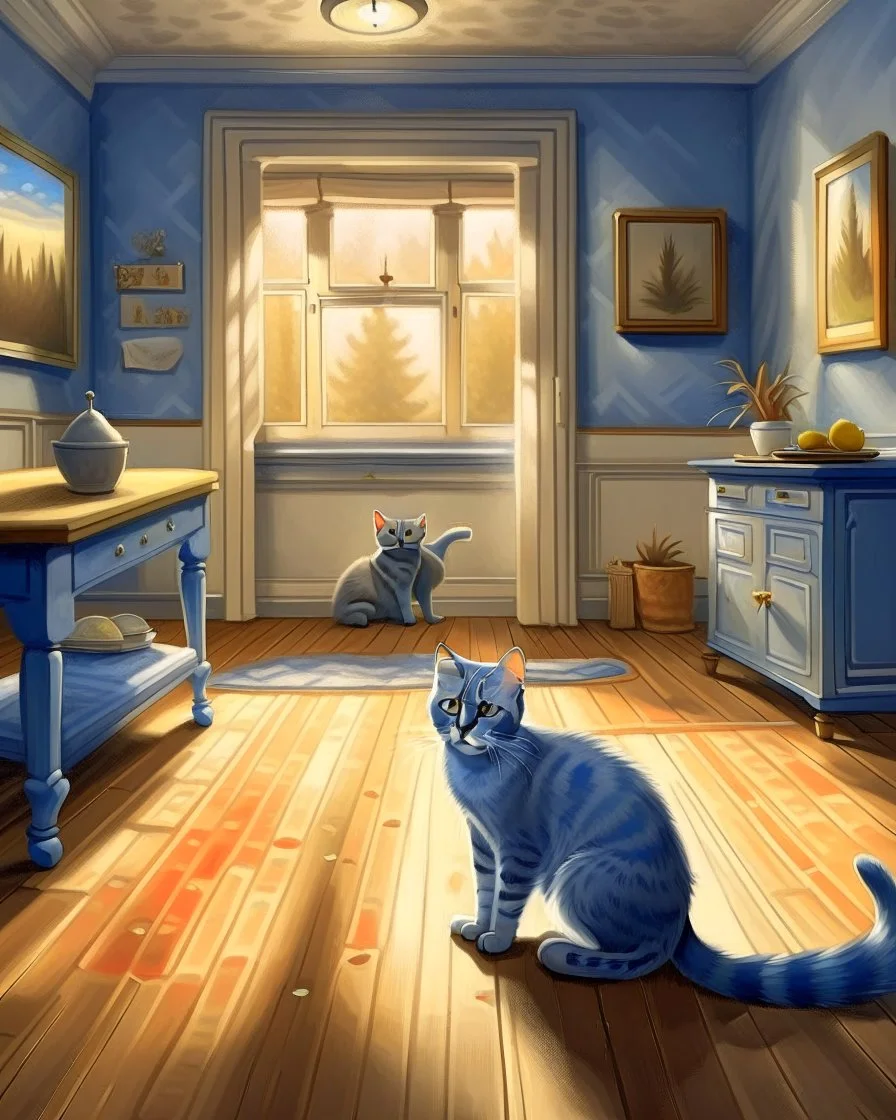 prompt : a retro-style illustrative scene in the spirit of mid-20th-century American realism, reminiscent of watercolor or gouache commercial artwork from the 1940s–1960s. The setting is a cozy indoor room with muted beige walls and a blue-gray floor. In the foreground, a gray tabby cat sits upright on the floor behind a wooden sign that reads “ROOMBA RIDES $1” in bold, vintage lettering. The cat is not on a Roomba and appears to be managing the ride service, accepting a crumpled dollar bill fro