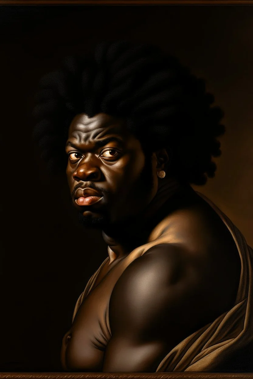 A portrait of a black man, curvy black hair, Caravaggio style