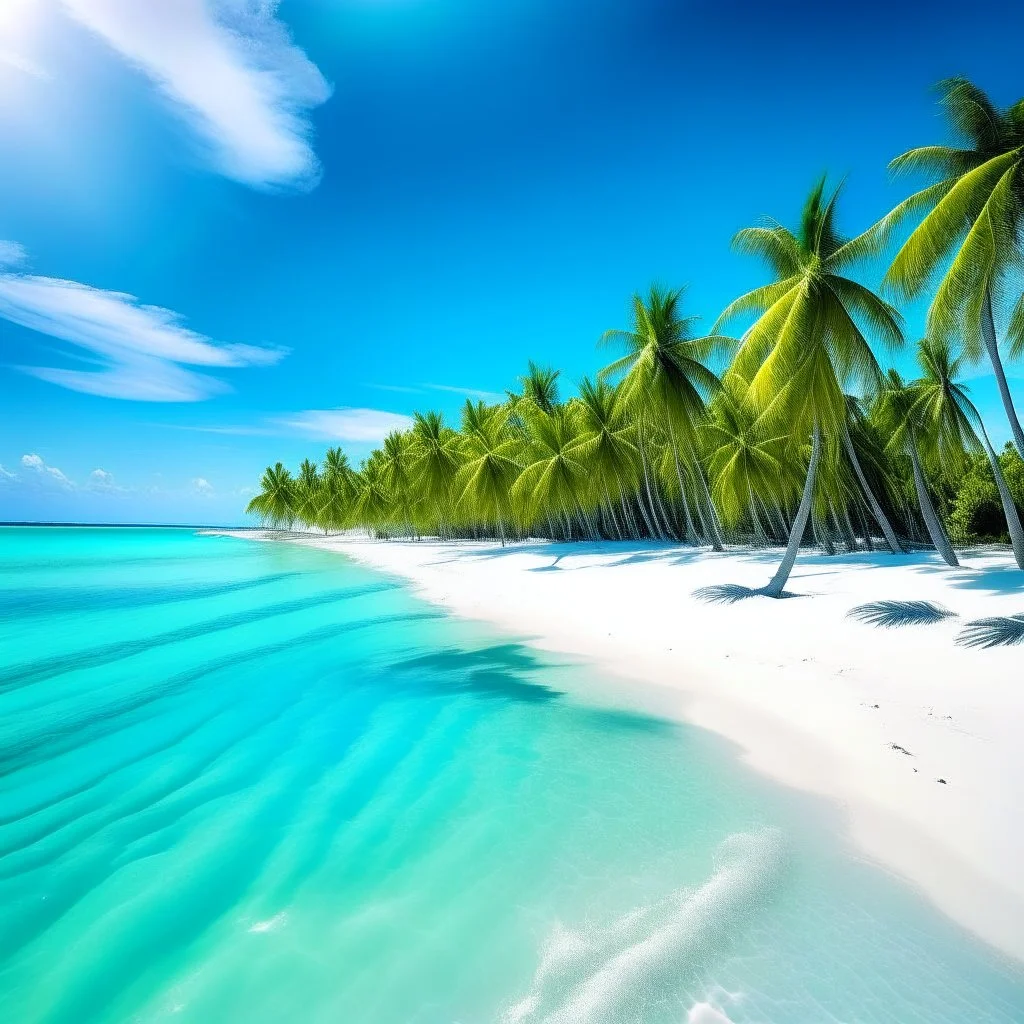 A pristine tropical island with palm trees, crystal-clear turquoise waters, and a deserted white-sand beach.