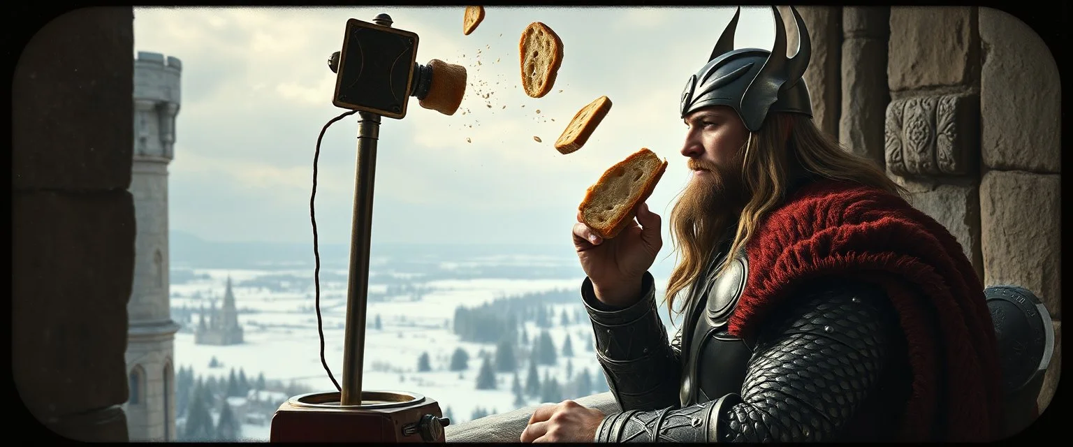 Movie poster portrait. The mighty God Thor sees the hammer toaster on a pole, spit out one slice in his face. The bread is jumping over his head. In the style of Rembrandt and "Gods of Fallout 4". He is sitting on the balcony of his castle, with a great view over the frozen valley. He is trying to grab the bread quickly. "Fali' ja." Dark edge border with runes and dragons.