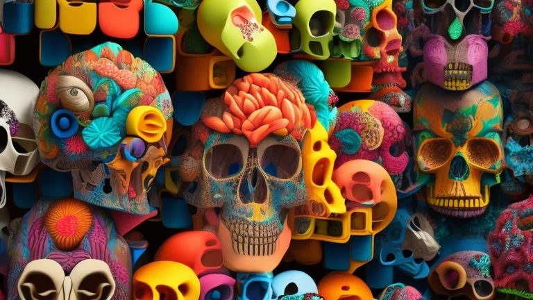 a picture of a dark, comedic, anatomically correct wall of colorful tightly packed skulls of varying sizes and expressions, photo realistic, insanely meticulous, highly detailed, part of a collection of bones on display, 64k, dystopian, vray