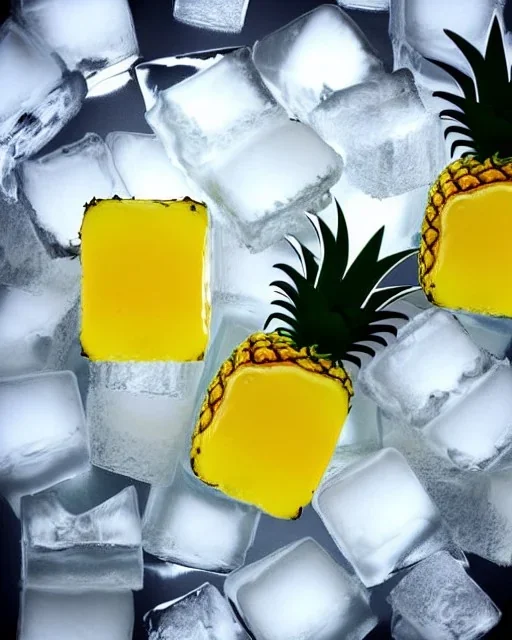 Pineapple on ice cubes inside a white room