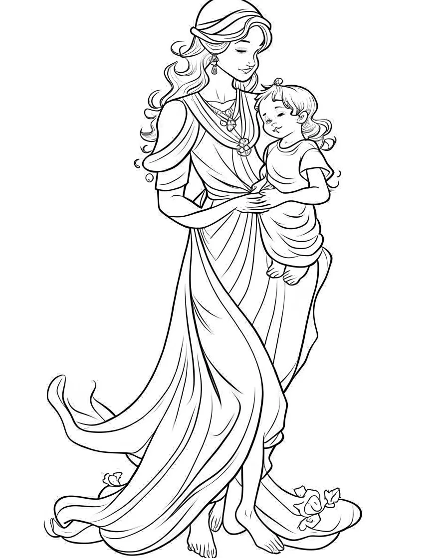 mother coloring page, full body (((((white background))))), only use an outline., real style, line art, white color, clean line art, white background, Sketch style