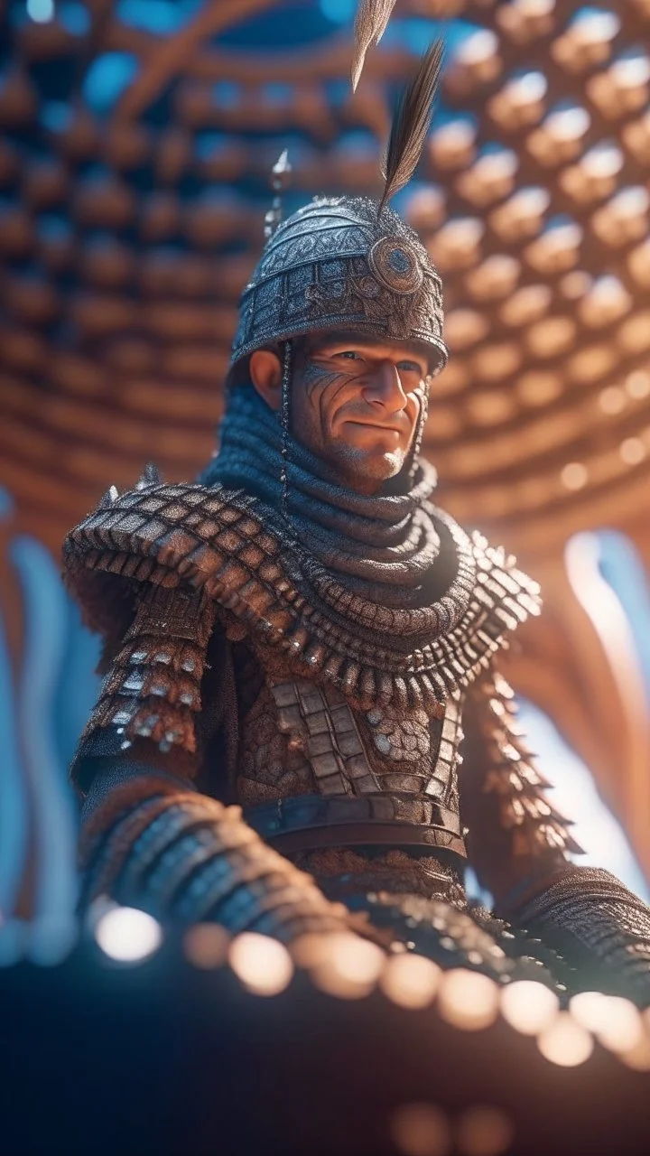 close up portrait of a happy blessed ancient magical king mad max soldier standing on a desert throne in a space alien mega structure with stairs and bridges woven into a sacred geometry knitted tapestry in the middle of lush magic forest, bokeh like f/0.8, tilt-shift lens 8k, high detail, smooth render, down-light, unreal engine, prize winning