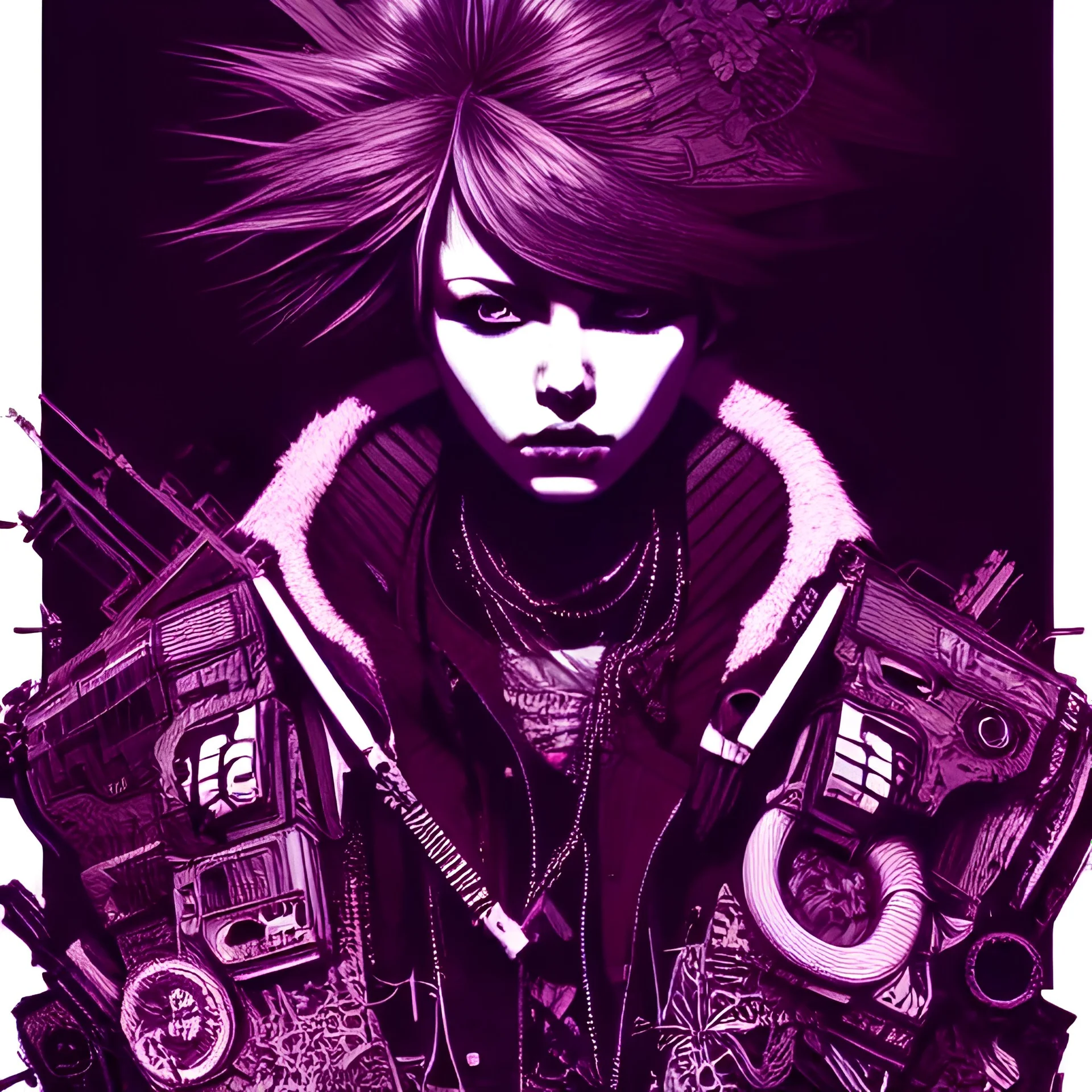 beautiful punk girl, hyper detailed, hyperdetailed, intricately detailed, illustration by <kilian eng> <Yoji Shinkawa>, purple tones,