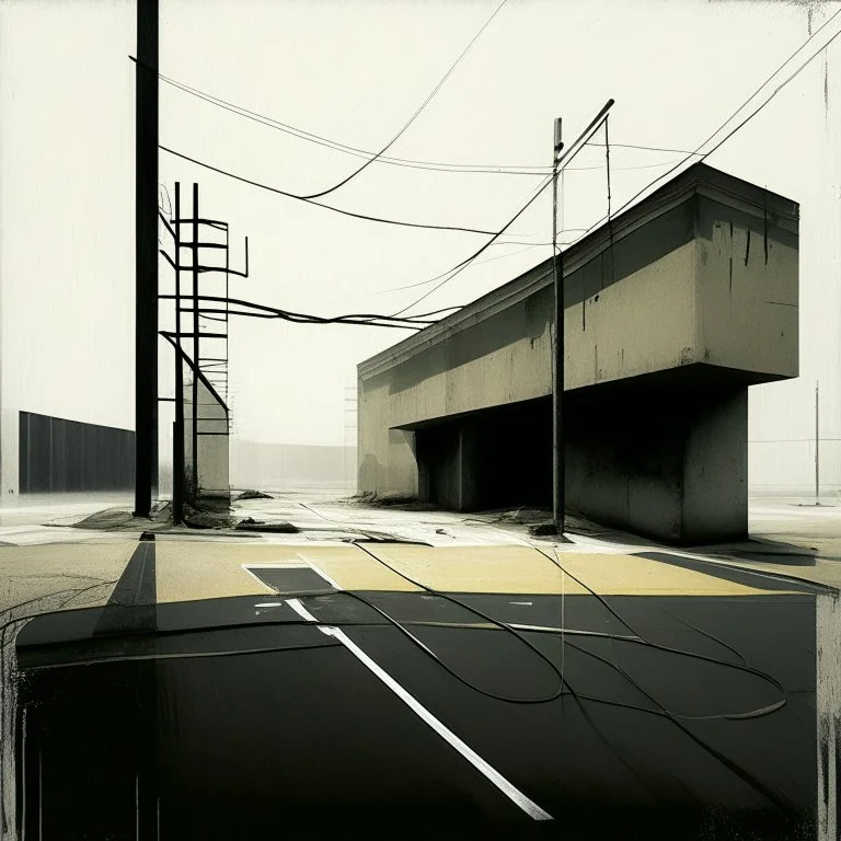 Minimal contemporary abstract oil paintings of desolate 1960s carpark with road markings and concrete fragments. Lone figure. Overlay with grungy typography graphics. style of Justin Mortimer and Francis Bacon.