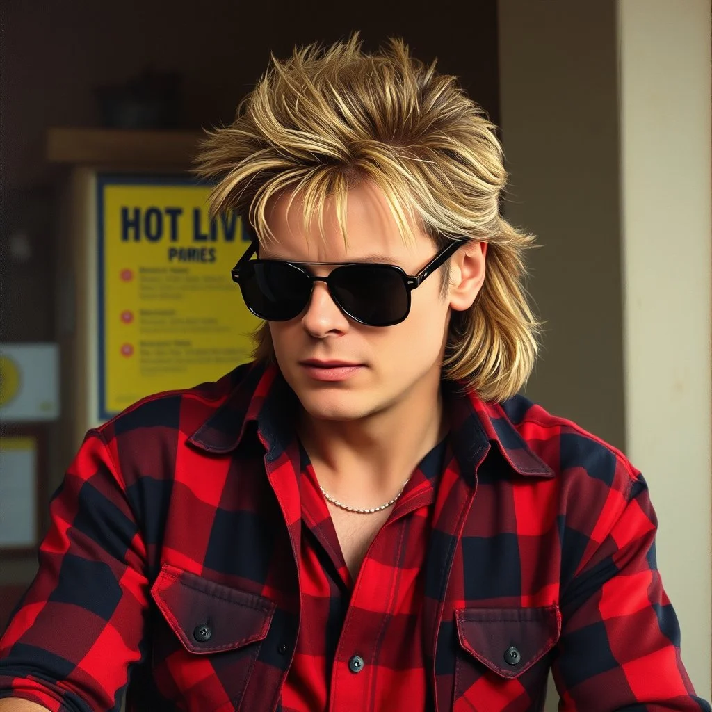 2/3 Roddy Piper from 1988 wearing black shades, lumberjack red and black button-down shirt, mullet, movie still from 'They Live' movie, matte oil painting