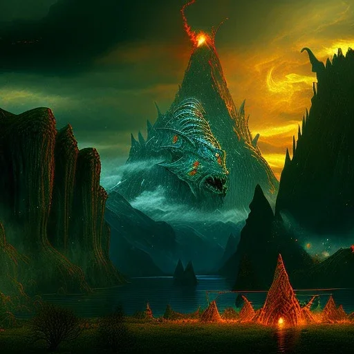 Epic Drawing of mordor scenery with a dragon of The Hobbit estilo Van Gogh 4k