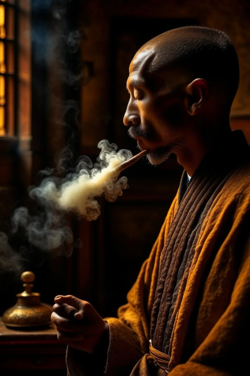 insence smoke,upper body,Robert Matthew Van Winkle was raised in a secluded monastery, where the tiger monks devoted themselves to the study of ancient martial arts and the pursuit of inner peace. He was an orphan, brought to the monastery's doorstep as a baby, and the monks raised him as one of their own. photorealism, depth of field, lightrays, downligh, anime