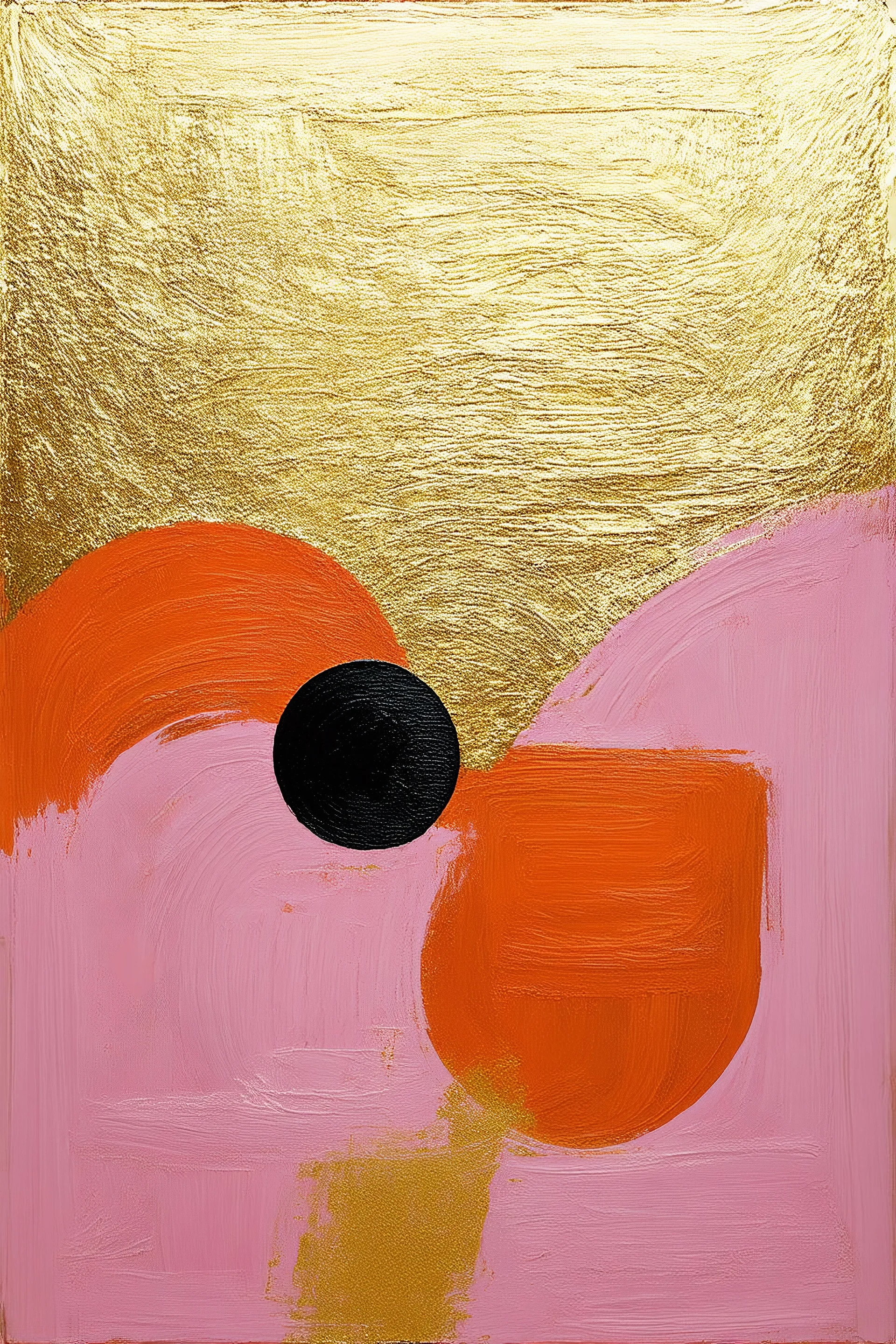 create picture of "Create an abstract painting in a vertical format, dominated by rich shades of light pink, golden, deep orange, and shimmering gold. Emphasize textured surfaces and incorporate swirling, crescent-moon-like shapes. Include subtle hints of intricate, calligraphic-inspired details in black within golden big circular or oval forms."