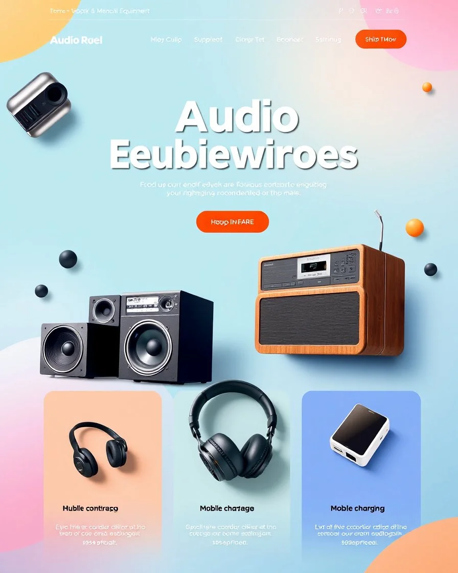 A design for an audio equipment store with photos of speakers, tape recorders, headphones, and mobile chargers with a beautiful and unique color theme.