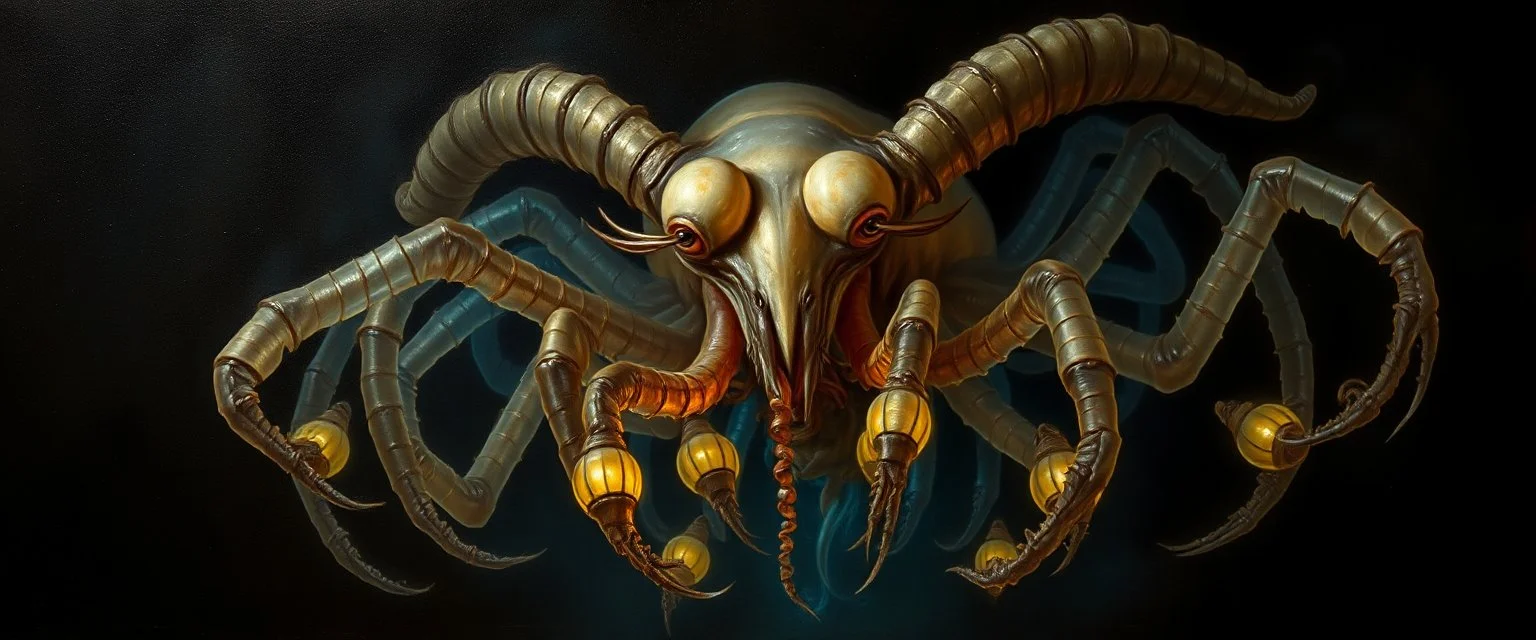 master oil painting by Rembrandt, good afternoon gremlin sheep Fathomlurker "An abyssal creature with translucent skin revealing writhing organs, many spindly legs and elongated fingers, eyes like lanterns scattered across its body, tentacles that ripple silently, lurking in black depths, almost invisible, emitting an eerie blue glow."