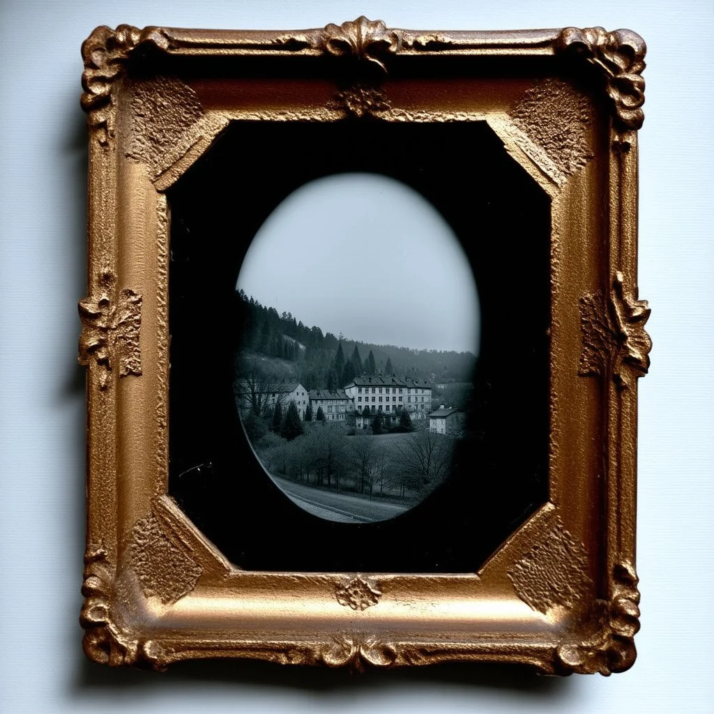 Daguerrotype frame old landscape odd creepy grey obsessive nostalgia weird old postcard landscape, cespugli, rovi, sfocato, sentiero, osceno, dettagli della cornice molto accentuati, polvere, creepy The Ring, from another dimension