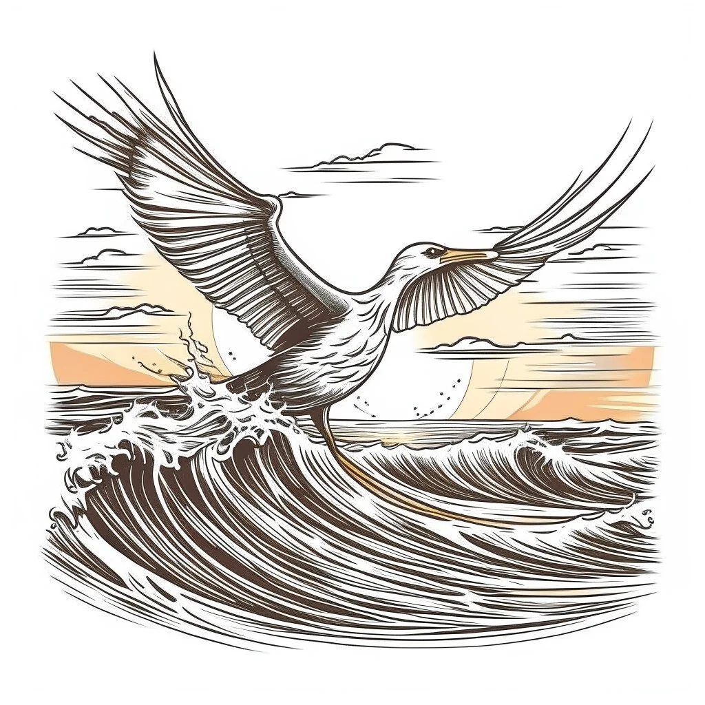 A seagull flying over crashing waves, serene, naturalistic, soft sunrise lighting, T-shirt design graphic, vector, contour, white background