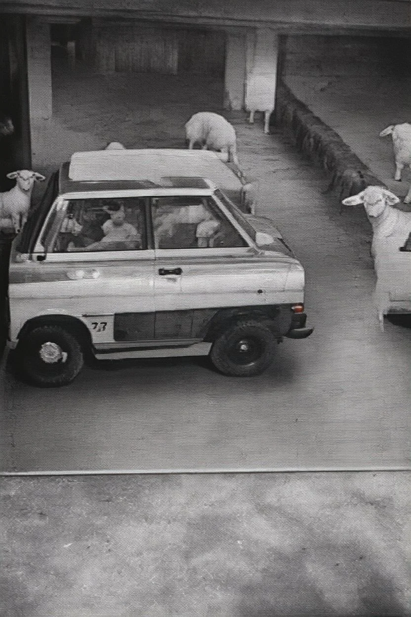 dark low res "cctv footage" old 80s sony camera, of forbidden medical procedures preformed in a "motor garage", with landrovers, surounded by sheep with "Rabies"