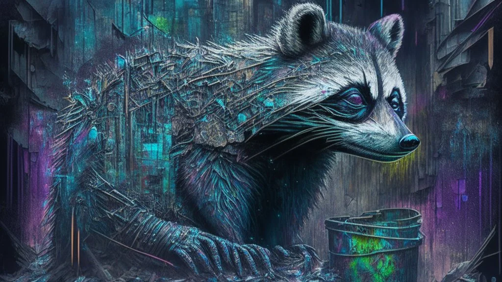 Graffiti trash panda; neo-surrealism dystopian eldritch elegant fantastical intricate hyperdetailed holographic magnificent meticulous mysterious ominous