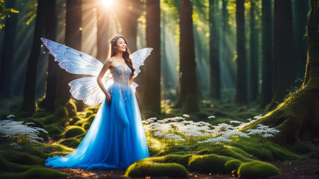 A gorgeous smiling Asian model in a fairy outfit with great glittering wings in a magic forest with 1000 y/o trees, a small torrent, loads of mini flowers, moss, sun rays through the branches, particles in the air at dawn spring