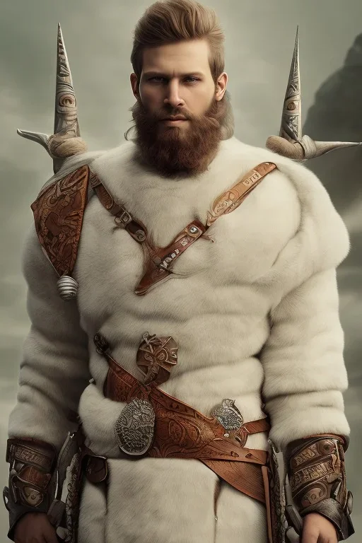 Viking style, 8K, a Highly detailed stunning portrait of Dom man with a kneeling submissive woman, white suit, beard, and short hair, bad boy,