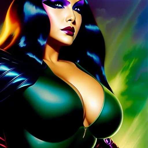 portrait oil on canvas, beautiful booty busty Raven(teen Titans), green big eyes, ,minimal armor,comic book cover, mystical colors,insanely detailed,realistic,intrincate detail, 16k resolution, masterpiece,Frank Frazetta,Alex Horley, Simon Bisley