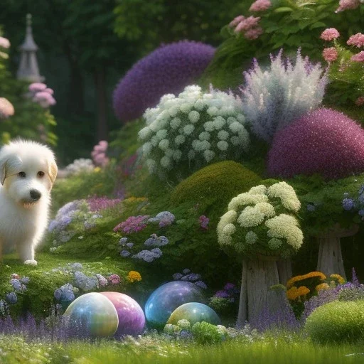 pixar style, volumetric summer garden environment and background, realistic painting of dog, looking excited, volumetric lighting, dramatic lighting, detailed digital painting, extreme dense and fine fur, anime, ornate, colour-washed colors, elegant, small minutiae, tiny features, particulars, centered, smooth, sharp focus, renderman gofur render, 8k, uhd, detailed eyes, realistic shaded volumetric lighting, sunlight caustics, backlight, centered camera view