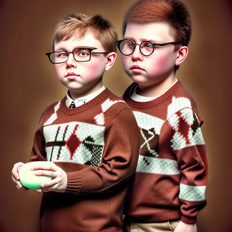 peter billingsley chubby kid with glasses, gripping a single ((Dark red))soap bar, ((brown))argyle sweater