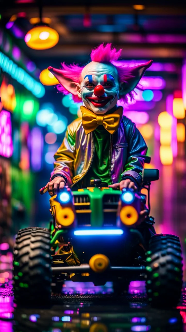 portrait of clown Hairy Gremlin myth buster pimp ninja yoga cyber punk in flying hipster lawn tractor parked in dark neon lit reflective wet arcade hall tunnel,bokeh like f/0.8, tilt-shift lens 8k, high detail, smooth render, down-light, unreal engine, prize winning