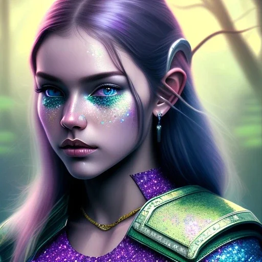 A Halfling woman adventurer with green eyes, sitting, silver bark tree, pink and purple leaves, Model, glitter, fog