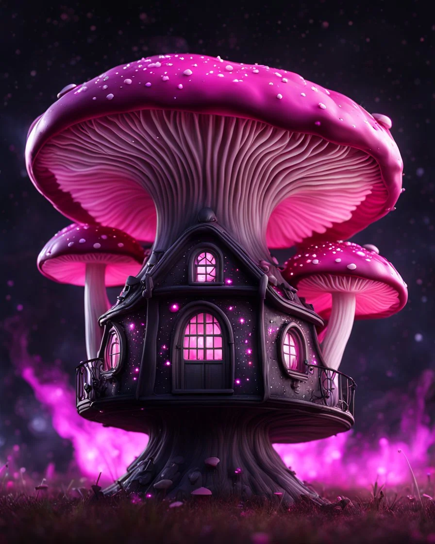 An illogically floating mushroom house on a clear night. white pink black, Stars Dark cosmic interstellar. Detailed Matte Painting, deep color, fantastical, intricate detail, splash screen, hyperdetailed, insane depth, concept art, 8k resolution, trending on Artstation, Unreal Engine 5, color depth, backlit, splash art, dramatic, High Quality Whimsical Fun Imaginative Bubbly, perfect composition