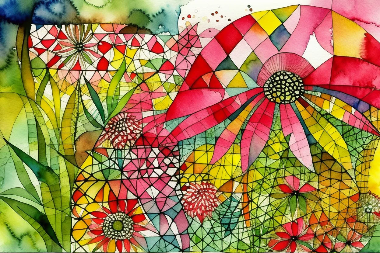 Create a surreal abstract watercolor and ink painting of an Echinacea in a garden. In the style of Paul Klee, Picasso, Matisse. Geometric. Map like qualities. Modifiers: elegant intricate beautiful high detail high definition crisp quality colourful zentangle