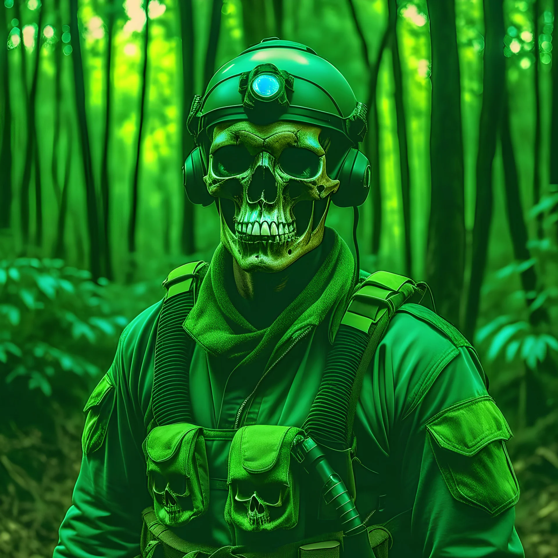 medium-full shot, muted photo portrait titled "Lone mercenary man with a skull mask", black commando uniform, muted palette, detailed, 8k, reflections, Lost in the Forest, Exploring the Unknown, Jungle Expedition, pastel colors, earthy tones, vibrant hues, monochromatic scheme, neon accents, 4k, high-definition, ultra HD, 1080p, retina display